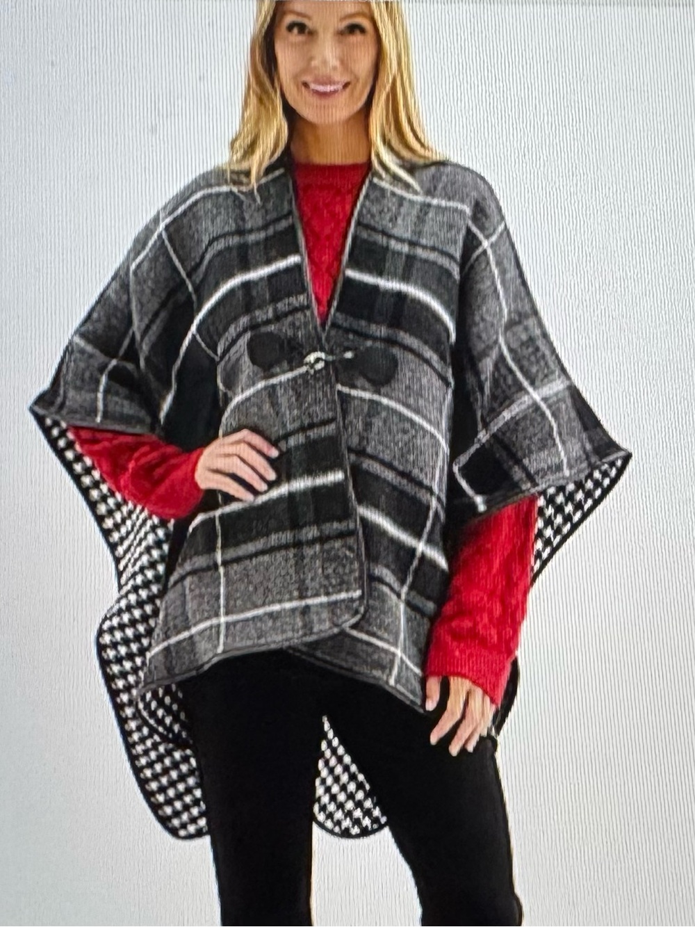 Liz Claiborne Reversible Plaid & Houndstooth Poncho Gray Black One Size